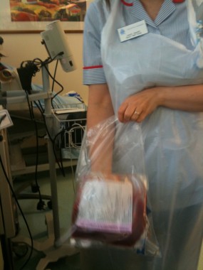 The nurse is packing the plasma and the stem cells to be picked up the specialist stem cells lab people.