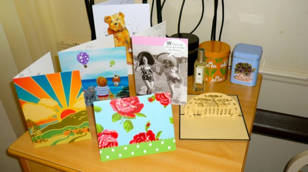 P1030148 My lovely cards. And my cute tins of green tea!