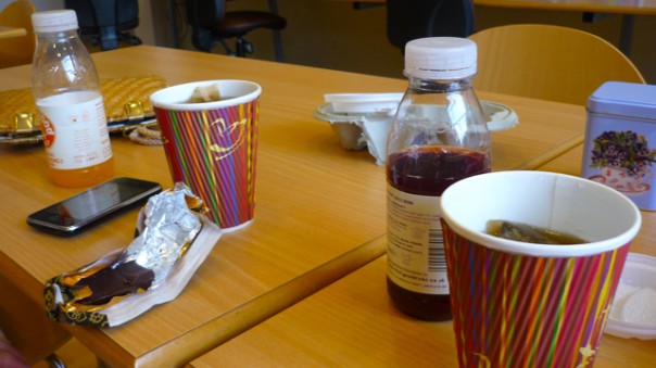 P1030181 Our World Cup munches, organic white tea with vanilla, fresh fruit drink, and dark chocolate!